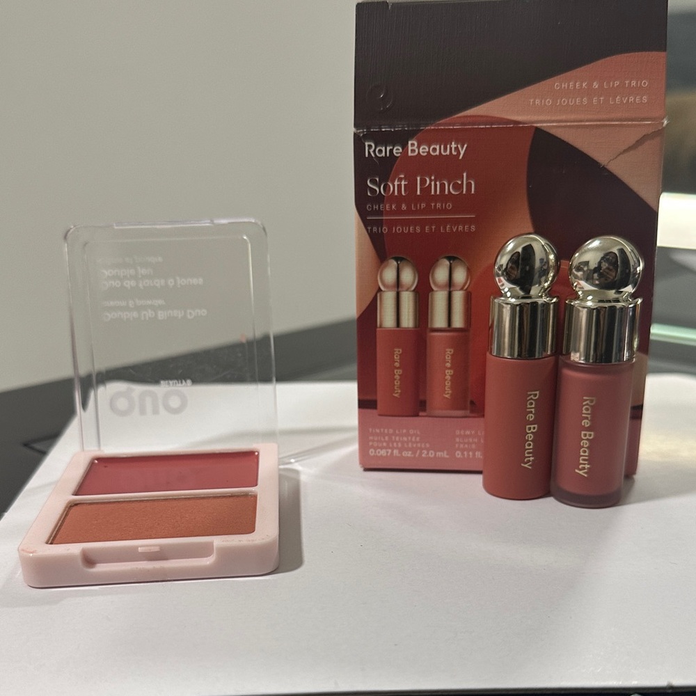 Rare Beauty Soft Pinch blushand tinted lip oil in shade WORTH and quo blush duo